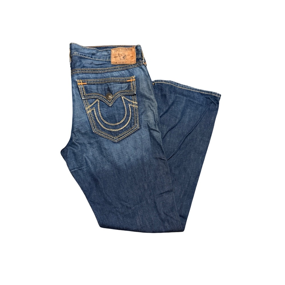 True Religion Ricky Big QT Blue Jeans Mens 42 Straight Leg Contrast Stitch USA